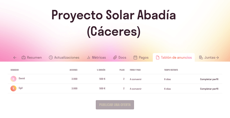 Sección tablón de anuncios de un proyecto