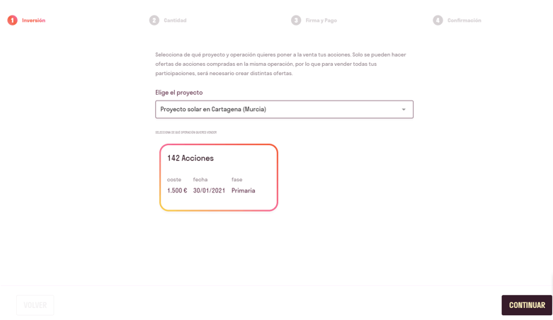 Interfaz para vender participaciónes
