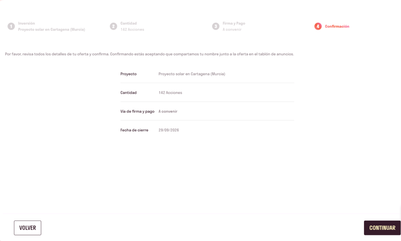 Interfaz para vender participaciones